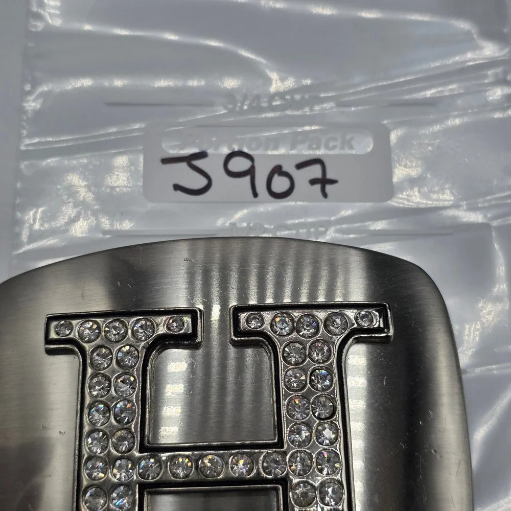 Silver Tone Letter H Rhinestone Initial Belt Buckle Brushed Metal Rectangle